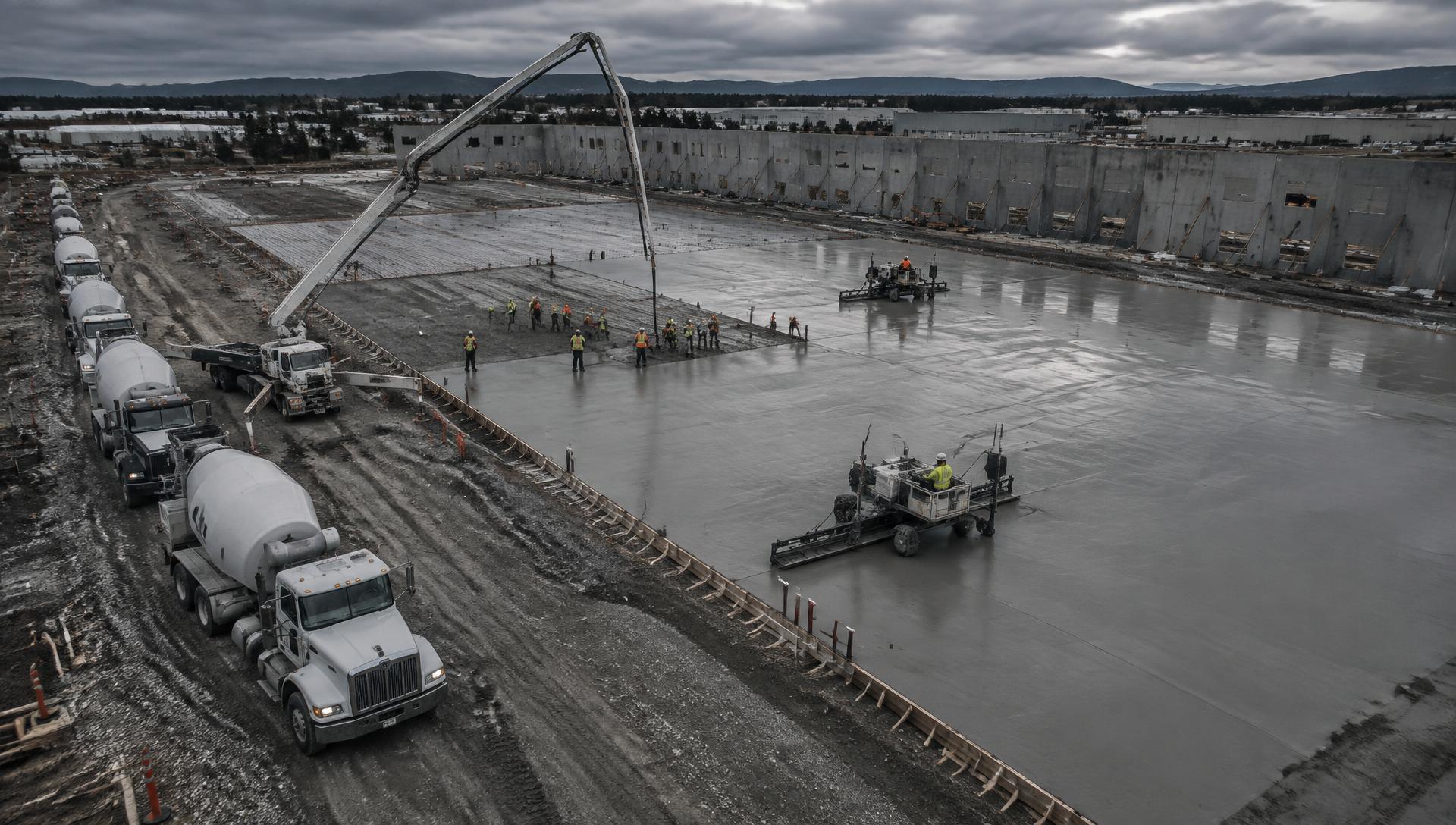 Large warehouse slab-on-grade pour with concrete pump and laser screeds